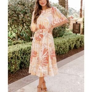 PINK LILY Tiered Tropical Palm Printed Midi Dress Medium M